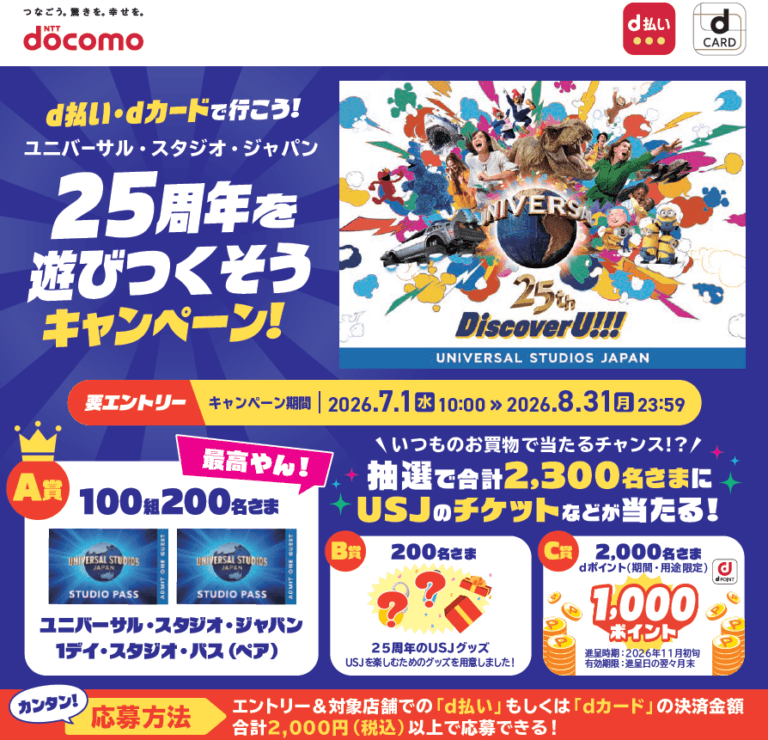 d払い・dカードで行こう！USJ25周年を遊びつくそうキャンペーン🌎